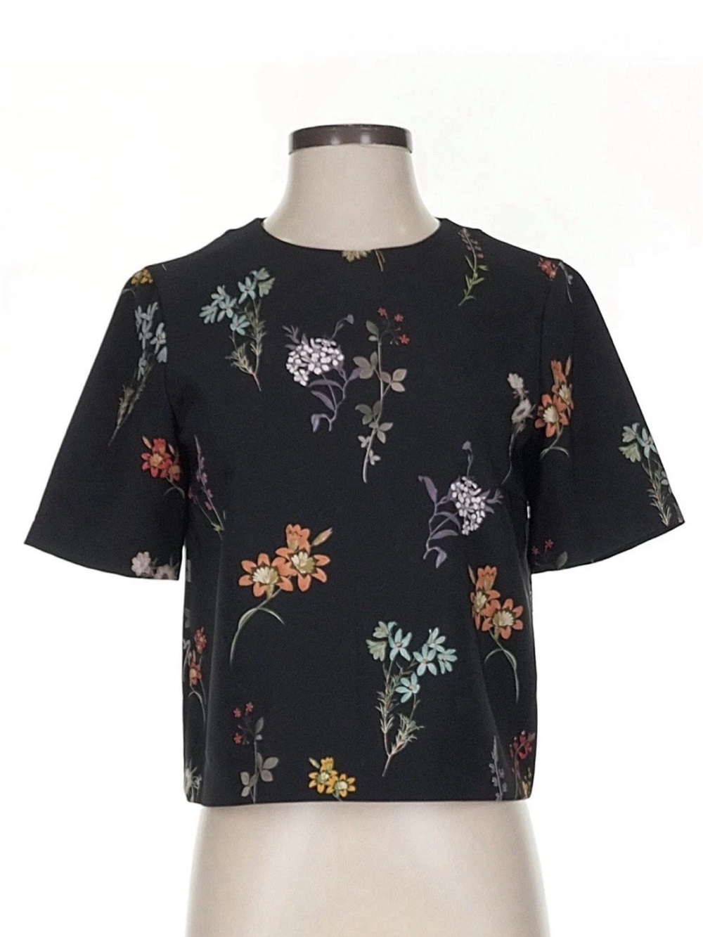NWT Zara Black Floral Short Sleeve Boxy Top Size S
